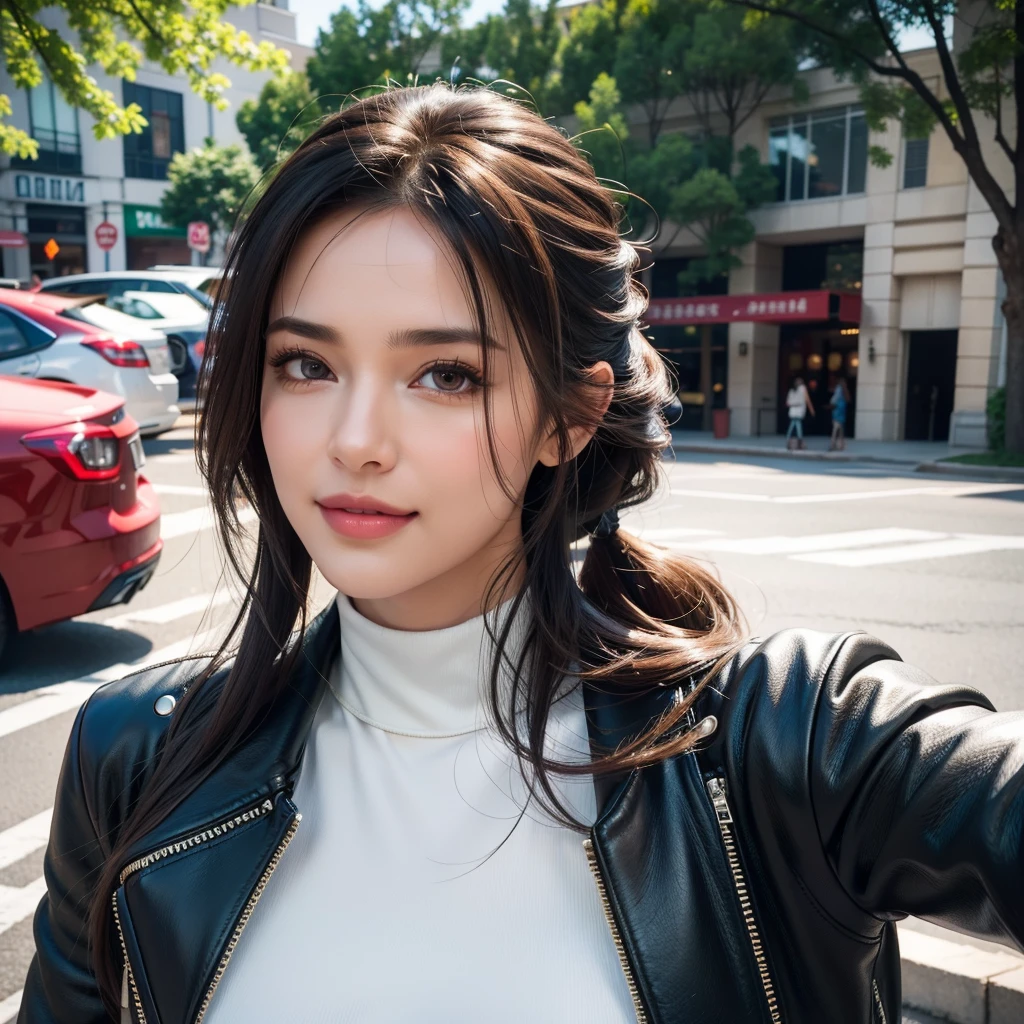 a beautiful young woman, medium length hair in ponytail, lady biker, beautiful detailed eyes, beautiful detailed lips, extremely detailed face and eyes, long eyelashes, turtle neck t-shirt, leather jacket, outdoor setting, taking a selfie, soft lighting, warm colors, (best quality,4k,8k,highres,masterpiece:1.2),ultra-detailed,(realistic,photorealistic,photo-realistic:1.37),cinematic,intricate clothing textures,elegant posing,warm smile,romantic atmosphere