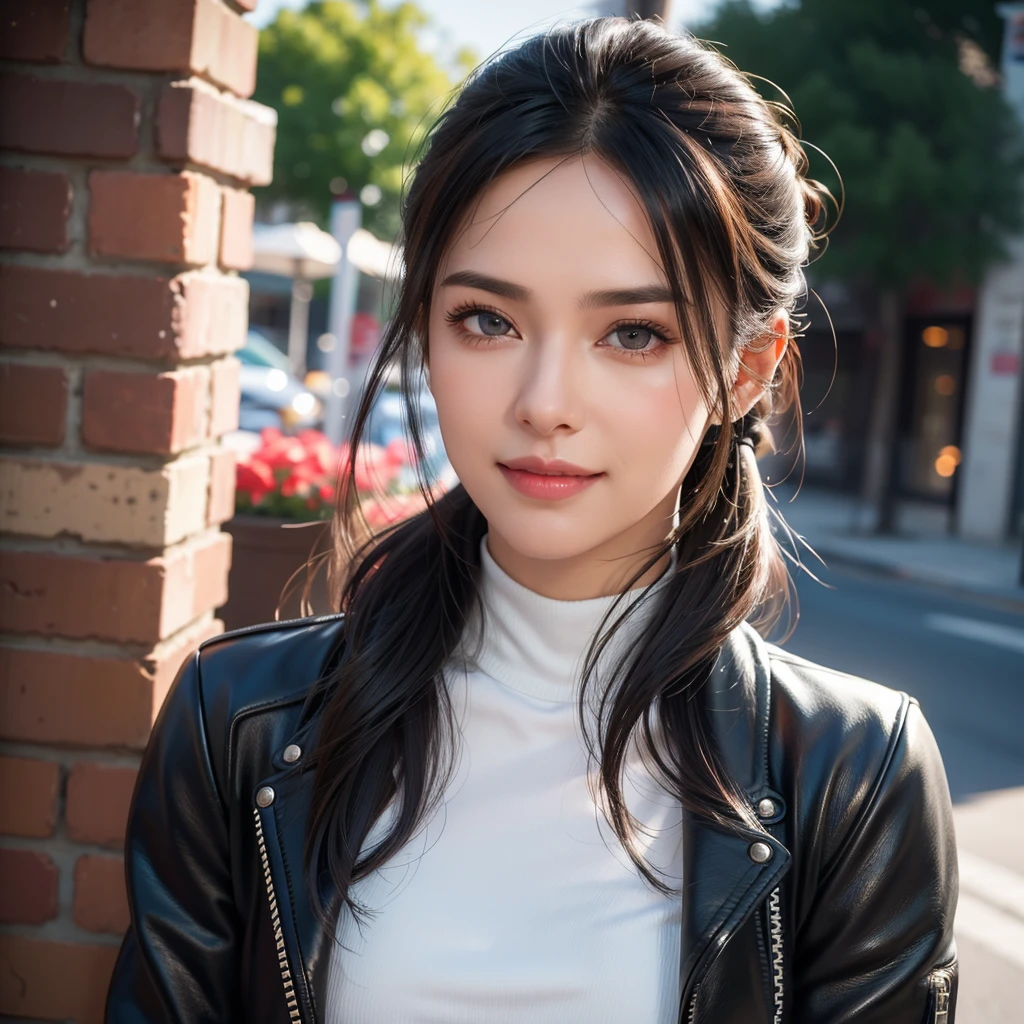 a beautiful young woman, medium length hair in ponytail, lady biker, beautiful detailed eyes, beautiful detailed lips, extremely detailed face and eyes, long eyelashes, turtle neck t-shirt, leather jacket, outdoor setting, taking a selfie, soft lighting, warm colors, (best quality,4k,8k,highres,masterpiece:1.2),ultra-detailed,(realistic,photorealistic,photo-realistic:1.37),cinematic,intricate clothing textures,elegant posing,warm smile,romantic atmosphere