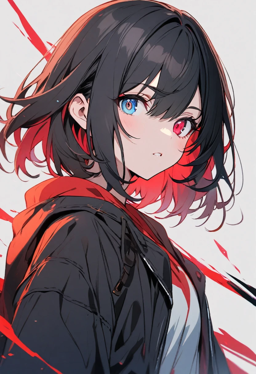 girl, black hair, medium hair, two colors eyes, one blue eye, one red eye