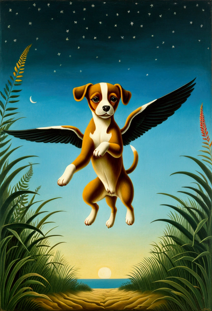 Flying Puppy, full body, by Henri Julien Félix Rousseau, cinematic still, (best quality, masterpiece), very aesthetic, perfect composition, intricate details, ultra-detailed, vivid colors
