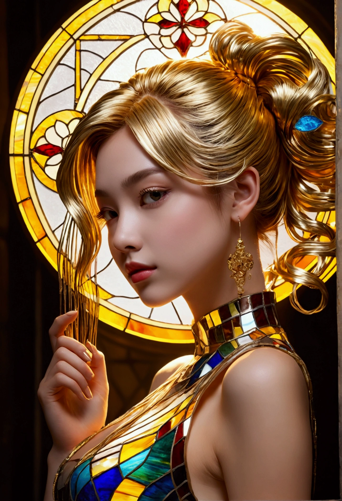 (masterpiece, Highest quality, Highest quality,Official Art, beautifully、Super Gold Hairstyle、aesthetic:1.2),(One girl:1.3), One girl BREAK stained glass art, Colored Glass, Lead wire, Light transmission BREAK Vivid colors, Intricate Design, Glowing effect, Spiritual atmosphere
