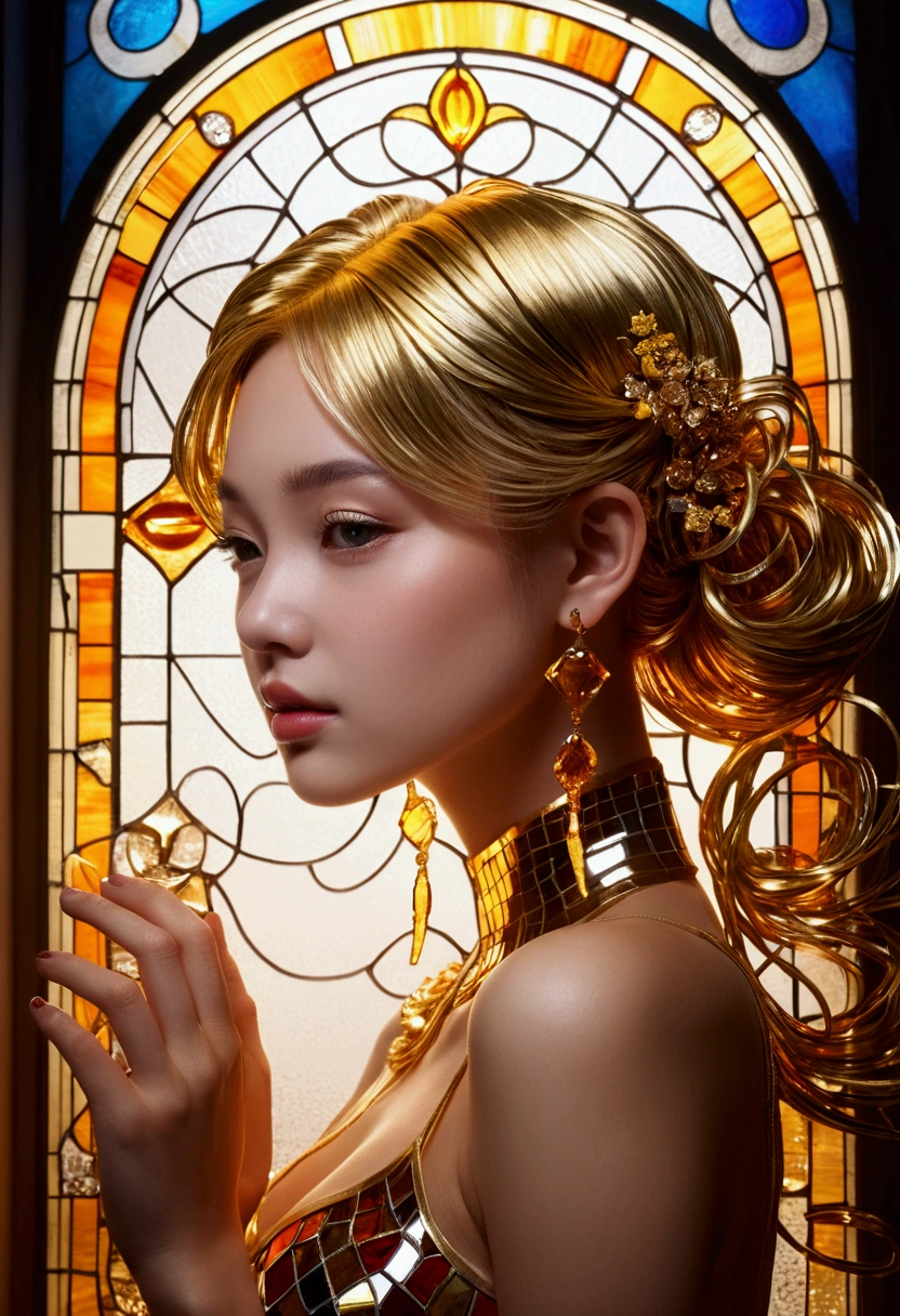 (masterpiece, Highest quality, Highest quality,Official Art, beautifully、Super Gold Hairstyle、aesthetic:1.2),(One girl:1.3), One girl BREAK stained glass art, Colored Glass, Lead wire, Light transmission BREAK Vivid colors, Intricate Design, Glowing effect, Spiritual atmosphere