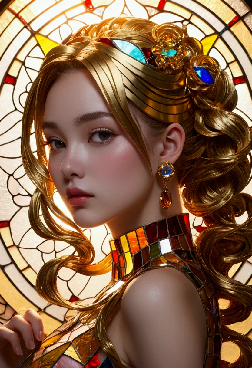 (masterpiece, Highest quality, Highest quality,Official Art, beautifully、Super Gold Hairstyle、aesthetic:1.2),(One girl:1.3), One girl BREAK stained glass art, Colored Glass, Lead wire, Light transmission BREAK Vivid colors, Intricate Design, Glowing effect, Spiritual atmosphere