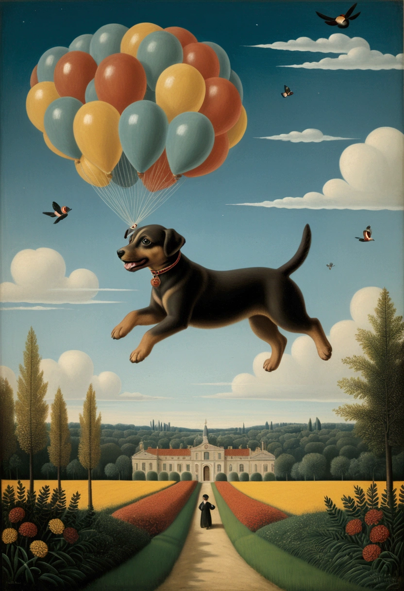 Flying Puppy, full body, by Henri Julien Félix Rousseau, cinematic still, (best quality, masterpiece), very aesthetic, perfect composition, intricate details, ultra-detailed, vivid colors