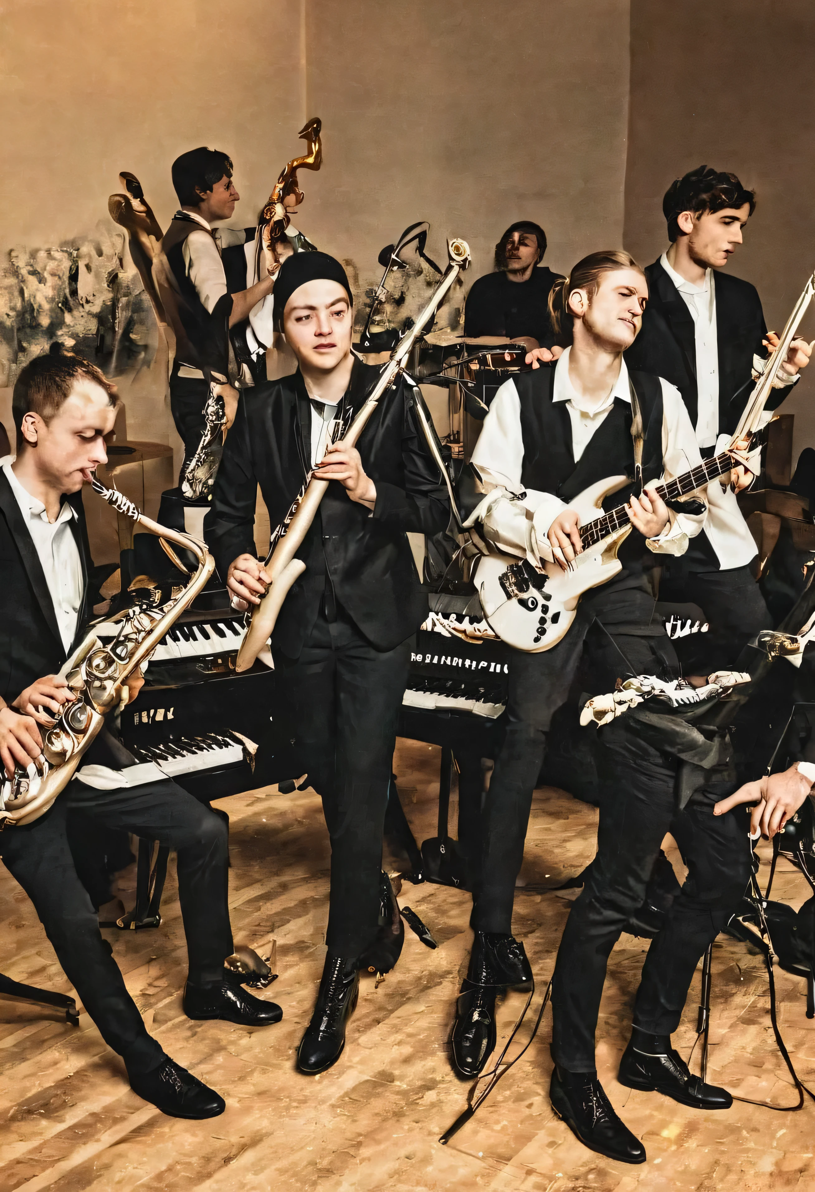 (work of art), (best qualityer), (detailded),photo of a mixed group of musicians of 12 members on a stage