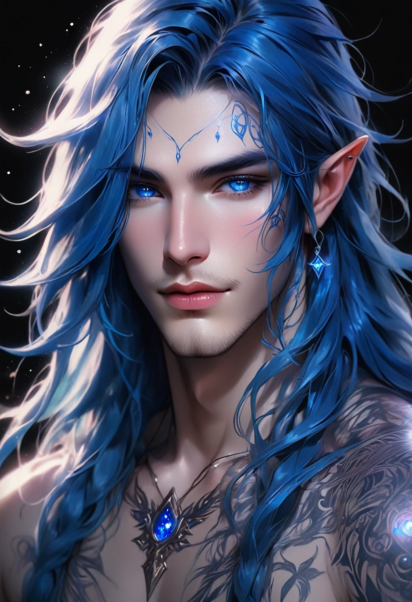full ariel view of a ethereal demonic 25 year old anime guy male druid, with metallic foil print royal blue long hair, moist wet glistening lips, delicate masterpieceintimate delicate etched glowing rune tattoos, winking, beautiful gorgeous elf ((male)) kissyface, perfect face, blue/black pastel eyes, long royal blue wisp hair, freckles, piercings, foil print neonbody art, laboratory experiment, perfect anatomy, centered, almost perfect, dynamic, very detailed, glowing, artstation, concept art, soft and sharp focus, art by Carne Griffiths and Wadim Kashin, high-definition accent lighting, epic, elven atmosphere, contrasted with vibrant paint colors., futuristic cyborg in the year 2950,