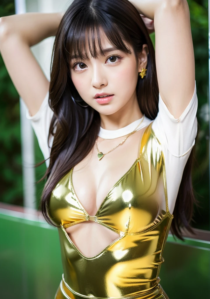 Rubbery shiny gold-green leather jacket、Tight mini skirt、A shiny, sheer shirt with a rubber texture、Cleavage、（Large Breasts:1.4)、Japanese、Gravure idol、Cute 18 year old girl,Long straight black hair, masterpiece, 最high quality, 超high quality, high quality, High resolution, 超High resolution, Absurd, 4K, 8k, 16K, Very detailed, Realistic, photo Realistic, RAWphotograph, photograph, Super Fine Illustration,Beautiful Face、Realistic Face、(Ultra detailed hair)、(Ultra-detailed eyes)、Beautiful details、Realistic Skin、Perfect Anatomy、(Detailed skin)、Beautiful Skin、Charm、Ultra high definition、Ultra-realistic、Correct Anatomy, Perfect proportions