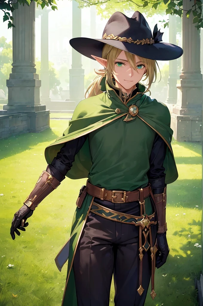 (((masterpiece; best quality: 1.2))), (finely detailed eyes: 1.3), (25 year old elf man), (solo), (green eyes: 1.4), (body; toned, fit, masculine: 1.3), (silky blonde hair in low ponytail: 1.3), (beautiful and clear background: 1.2), ((depth of field)), (equipment: adventurer + modest + elegant wide-brim hat + dark tunic + dark long cape + black pants + gloves + belt + pouches: 1.3), (anime illustration: 1.2), (background composition; royal garden: 1.1), (extremely fine and handsome: 1.1), (shot composition; standing + centered on torso + close-up: 1.5), (expression; calm, smile: 1.2)