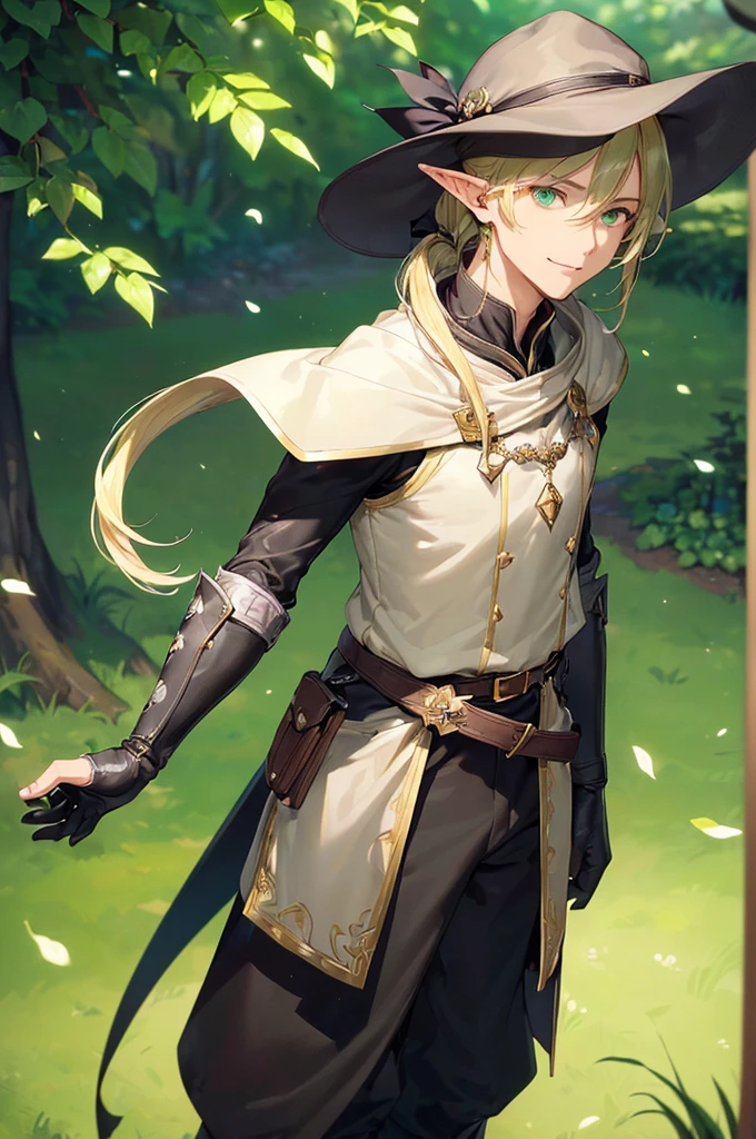 (((masterpiece; best quality: 1.2))), (finely detailed eyes: 1.3), (25 year old elf man), (solo), (green eyes: 1.4), (body; toned, fit, masculine: 1.3), (silky blonde hair in low ponytail: 1.3), (beautiful and clear background: 1.2), ((depth of field)), (equipment: adventurer garb + modest + elegant wide-brim hat + dark tunic + dark long cape + black pants + gloves + belt + pouches: 1.3), (anime illustration: 1.2), (background composition; royal garden: 1.1), (extremely fine and handsome: 1.1), (shot composition; standing + centered on torso + close-up: 1.5), (expression; calm, smile: 1.2)