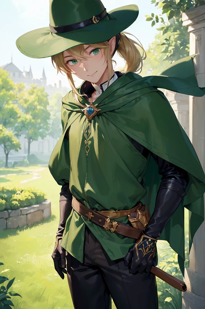 (((masterpiece; best quality: 1.2))), (finely detailed eyes: 1.3), (25 year old elf man), (solo), (green eyes: 1.4), (body; toned, fit, masculine: 1.3), (silky blonde hair in low ponytail: 1.3), (beautiful and clear background: 1.2), ((depth of field)), (equipment: adventurer garb + modest + elegant wide-brim hat + dark tunic + dark long cape + black pants + gloves + belt + pouches: 1.3), (anime illustration: 1.2), (background composition; royal garden: 1.1), (extremely fine and handsome: 1.1), (shot composition; standing + centered on torso + close-up: 1.5), (expression; calm, smile: 1.2)