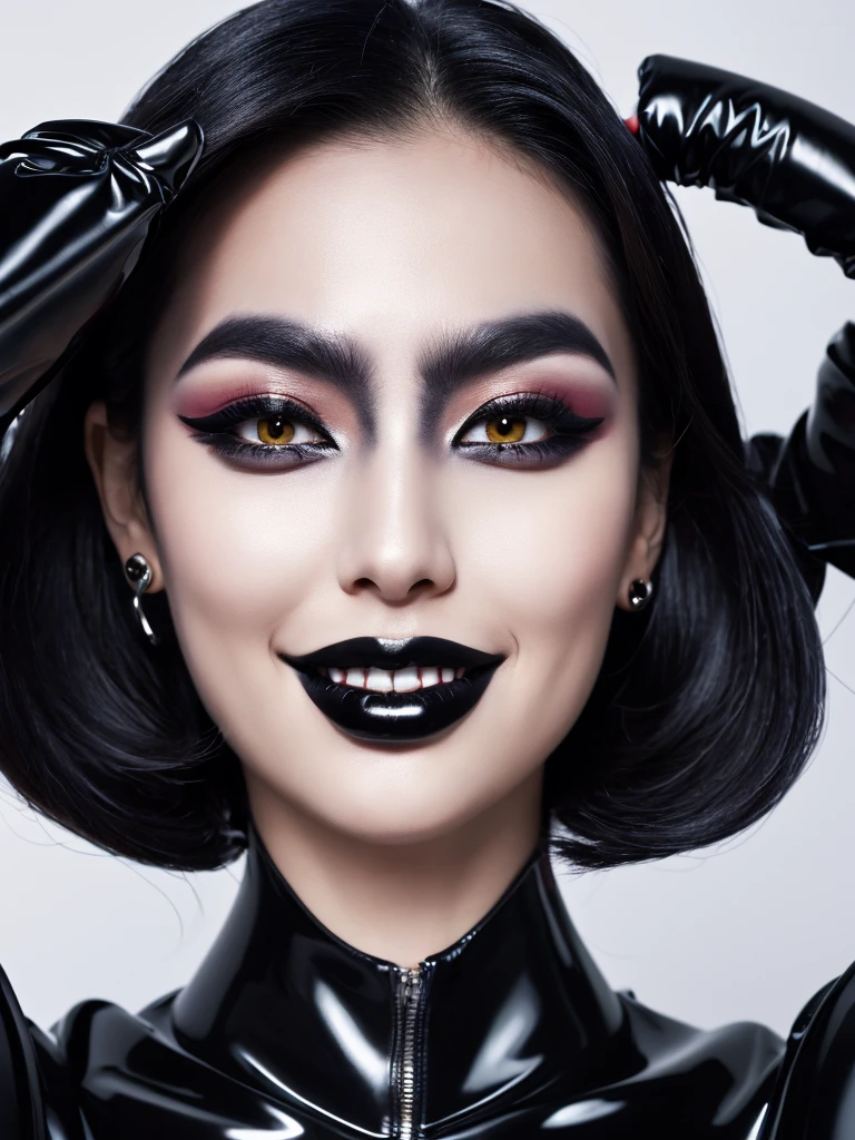 Best quality, masterpiece, ultra high res, photorealistic, raw photo, unity 8k wallpaper,(black lips:1.4),(black eyeshadow:1.3),parted lips,,(evil smile:1.0), latex suit.