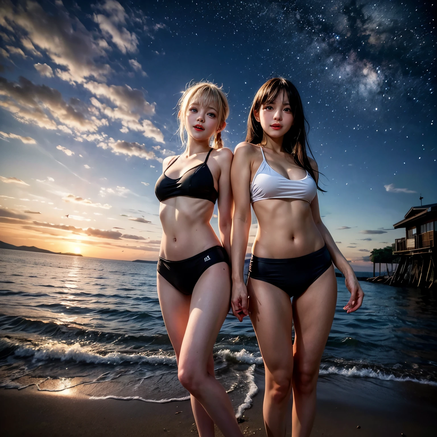 Masterpiece of ProfessionalPhoto ((ExtremelyDetailed (12 PICHIPICHI KAWAII Girls Floating in The Air in a row:1.37) in WHITE at Dusk Enoshima Beach)), {(Standing Full Body:1.2)|(from below:1.2)|Detailed KAWAII face}, Different types of hair colors, {(skinny(school swimwear))|(SchoolUniform)with Tiny AthleticShorts}, {(Corrected Childish hand)|Hidden hand|Different types of breasts|(Clearly Visible the shape of Butt)}, Joyful Expressions LifeLike Rendering, Detailed clothing texture, PerfectLighting, (Dazzling Horizon Visible through ThighGap), (Starry IridescentParticles:1.22) ColorfulClouds