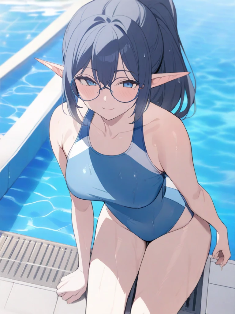 masterpiece, best quality, high quality, beautiful anime character, solo, anime girl with dark blue hair, messy hair, medium length hair, (huge long ponytail, ponytail), blue eyes, elf ears, slightly medium big breasts, (mature female, tall female), big girl, thick, (calming face, blush, light smile, loving eyes), outdoors, (swimsuit, pool swimsuit), slim thick, short medium hair, round glasses, wet, after swim, legs,