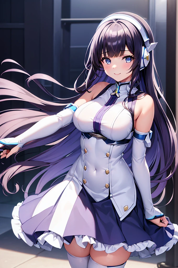 mecha wings、White and blue skirt、Accentuated thighs、White tights、chest、Beautiful black hair、1 girl、solo girl、Thick thighs、IS、Frame Arms Girl、Alice Gere Aegis、White Armor、Blue and purple lines、income、headphone、hand on own chest、smile