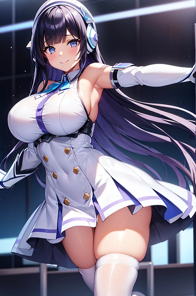 mecha wings、White and blue skirt、Accentuated thighs、White tights、chest、Beautiful black hair、1 girl、solo girl、Thick thighs、IS、Frame Arms Girl、Alice Gere Aegis、White Armor、Blue and purple lines、income、headphone、hand on own chest、smile