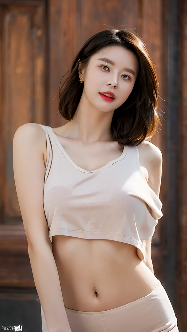 ((((masterpiece, best quality, high resolution)))), very detailed 8K, Beautiful girl with voluptuous body, ((cameo)), (Ultra HD, very detailed, very detailed, very realistic, surreal, realistic photo), (realistic black hair), (short wavy hair, bob cut, earring), (dynamic pose), towards the camera, looking at viewer, (embarrassing, laugh), (Huge, perky breasts),big bust, huge breasts, ,Nipple protrusion, Enough fragmentation, (round and firm breasts), talented, perfectly shaped bust, (Beautiful and detailed face, excited expression, fascinating 눈, Lustful eyes, reddened cheeks, chapped lips, 아름답고 delicate 눈), (((all nude))) , I see your pussy, lots of pussy hair, lower abdomen nude,delicate , reveal curves, (rising), sweat, glow, ((cowboy shot)), fascinating, naughty,
