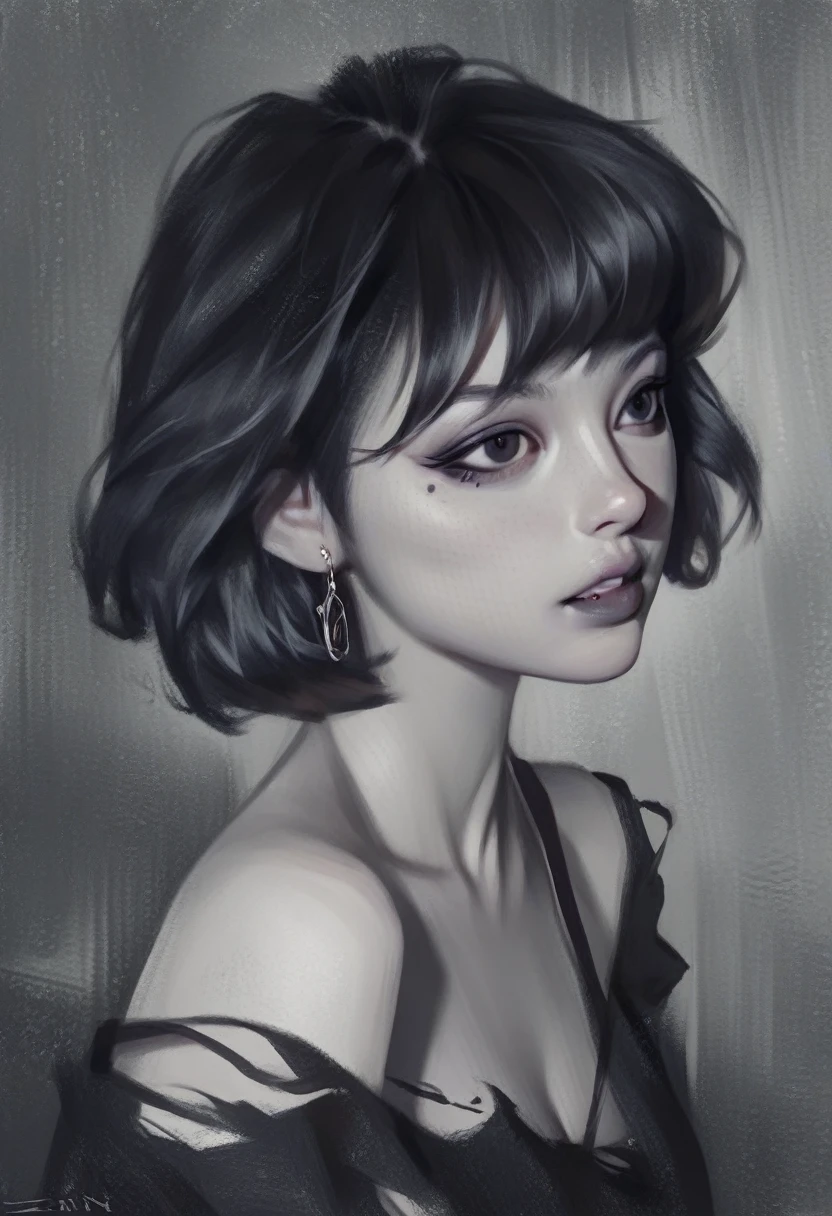 smudgy, traditional art, liu2, brush texture, score_9, score_8_up, score_7_up, score_6_up, score_5_up, score_4_up, BREAK, here is a painting of a dark Peter Pan version, black and white, dark, torn hair, short hair, full black eyes, ultra-detailed face, illustration, (masterpiece, high quality:1),
