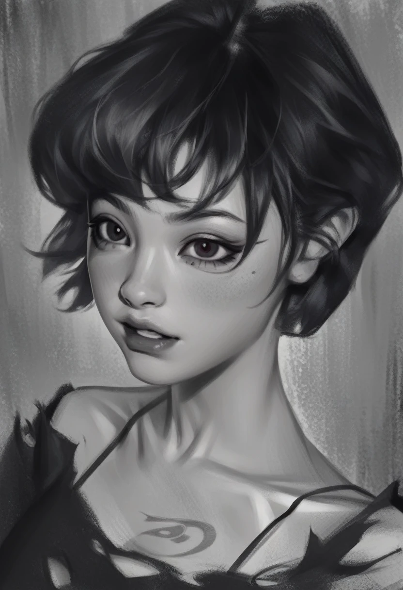 smudgy, traditional art, liu2, brush texture, score_9, score_8_up, score_7_up, score_6_up, score_5_up, score_4_up, BREAK, here is a painting of a dark Peter Pan version, black and white, dark, torn hair, short hair, full black eyes, ultra-detailed face, illustration, (masterpiece, high quality:1),