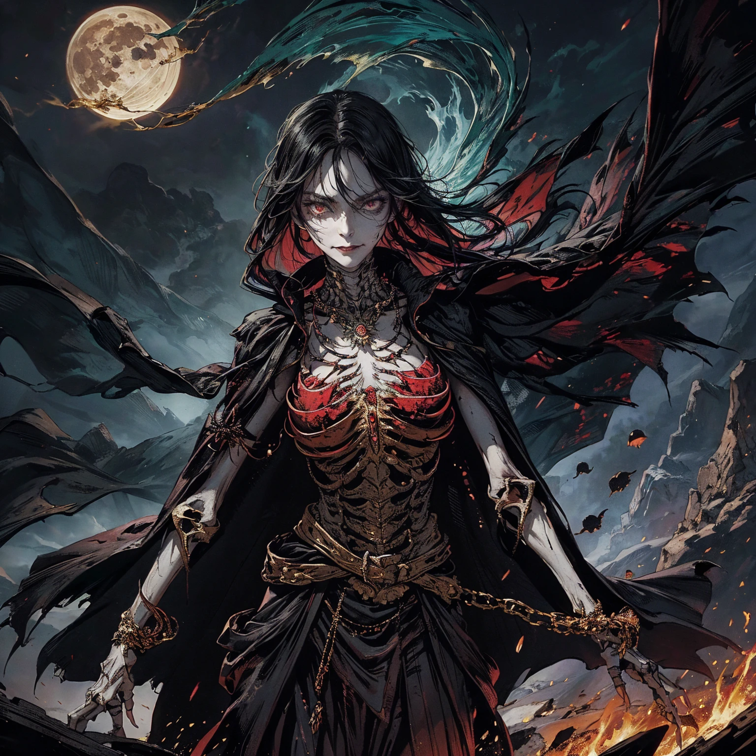 best quality, 4K, high resolution, masterpiece:1.2, Very detailed, actual:1.37, Mood lighting, Undead lich girl in a long cape, Half face is beautiful human flesh but another half face is only skull, Hand and arm has no flesh but only skeleton bones, Wearing a ragged gothic skirt, Aloofness emotion, Dangerous sneer, Beautiful but cruel smile, Black Hair, Standing, Facing the camera, Crucified, Pitch black sky, Blood-red moon, strange atmosphere, Gothic style, Unforgettable beauty, Dramatic shadows, Ethereal Light, Mysterious atmosphere.