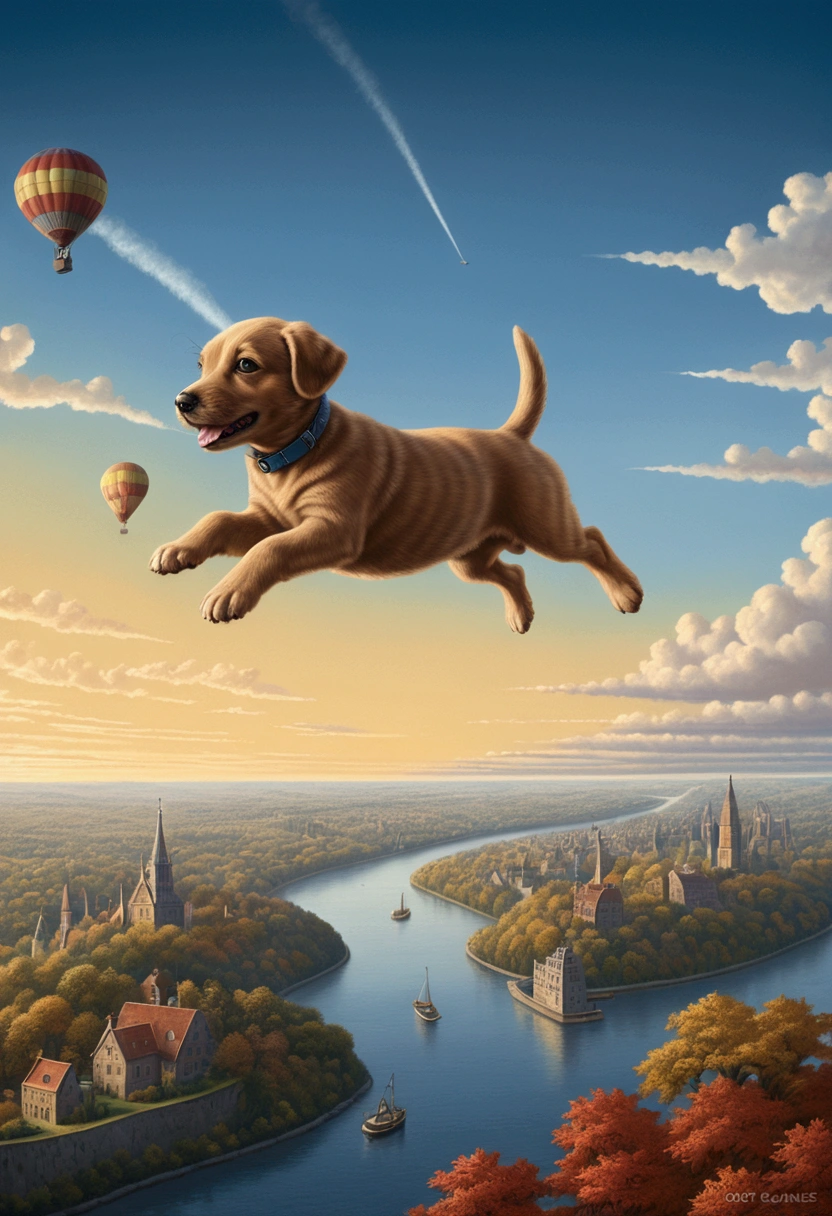 Flying Puppy, full body, by Alexander Jansson and Andy Kehoe, cinematic still, (best quality, masterpiece), very aesthetic, perfect composition, intricate details, ultra-detailed, vivid colors