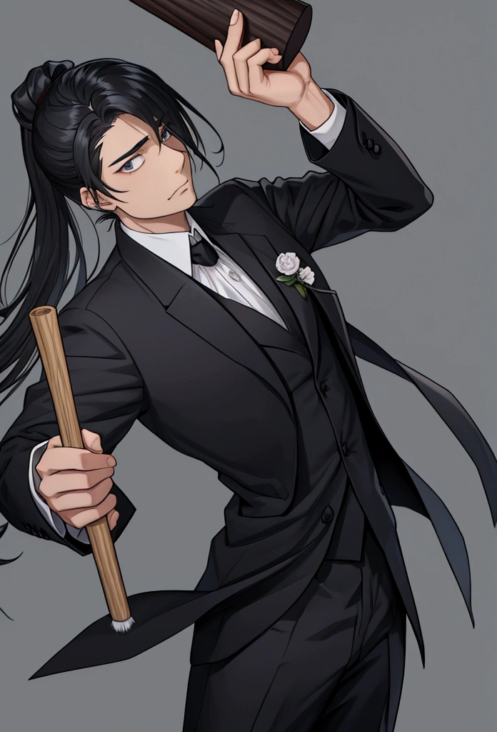 lawyer　He is wearing a black suit and has his arm raised and holding a mallet in his hand.。A servile, dissatisfied face looking diagonally upwards　Her hair is black and short on both sides, but the top is cut with a long brush, and tilted forward.　背景は裁判所のlawyer用の席　36-year-old male