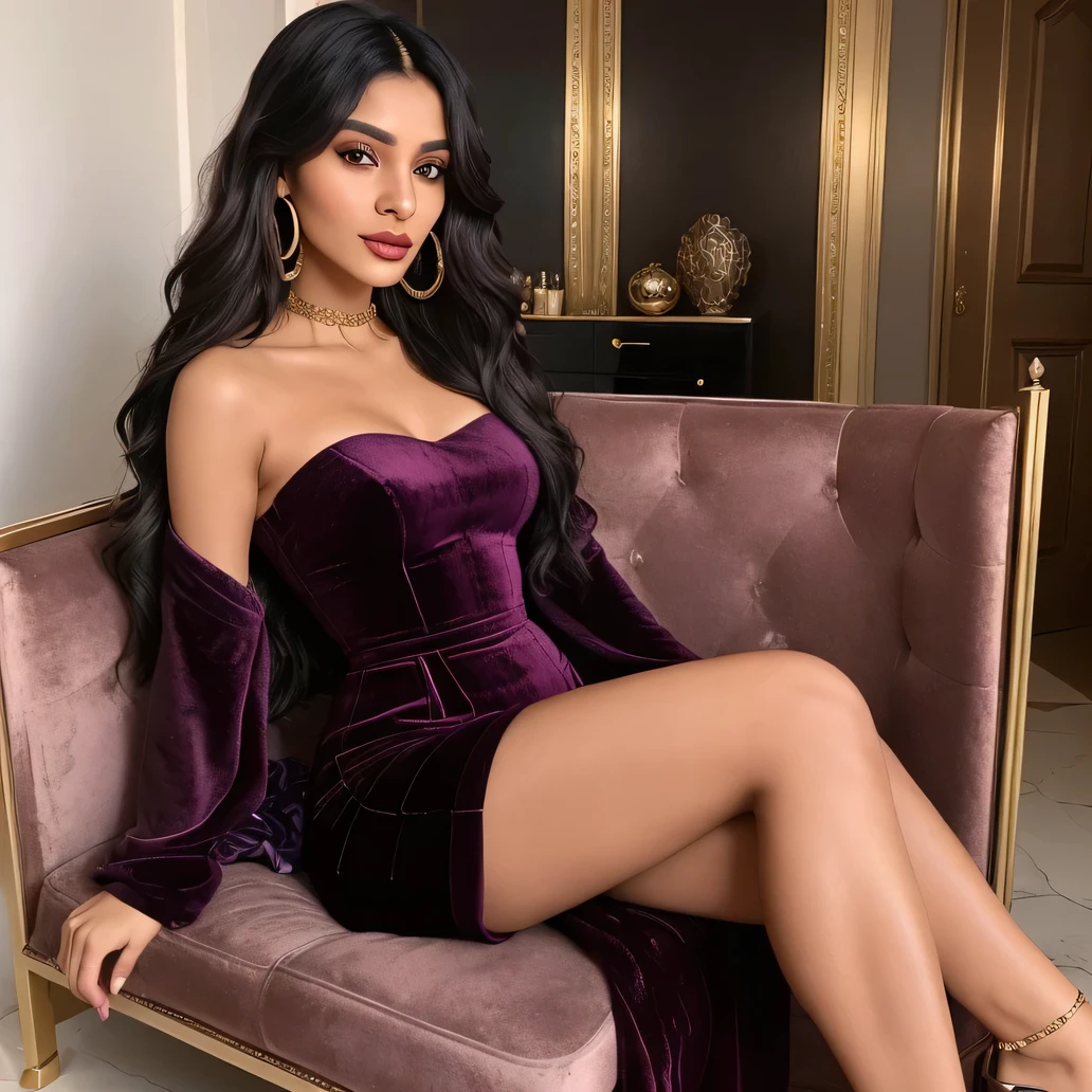 Create an ultra-realistic image of a modern, attractive female influencer of Indian descent, aged between 27 to 30. She should have a warm and inviting smile, expressive almond-shaped eyes with a slight shimmer, and clear, glowing skin with a medium brown complexion. Her features should be well-defined, with high cheekbones and a sharp jawline. Her hair should be long, thick, and wavy, with a natural shine and bounce, styled in loose waves and colored a deep, reddish-purple hue that’s bold yet sophisticated. She should have a slender yet athletic build, reflecting a healthy and active lifestyle, with a medium bust size (44-46 inches) that is balanced and proportionate.
She is wearing a luxurious plum strapless knee-length velvet one-piece suit. The rich velvet fabric and deep plum color create a sophisticated and elegant appearance, highlighting her toned figure. Her outfit is completed with stylish black heeled sandals that add elegance to her look. She accessorizes with subtle yet chic jewelry, such as small hoop earrings and a few thin bangles.
The background should be an opulent theater with red velvet seats and golden accents, suggesting a sophisticated and luxurious lifestyle. Her overall appearance should exude confidence, approachability, and sophistication, capturing the essence of a contemporary Indian fashion influencer with bigger .