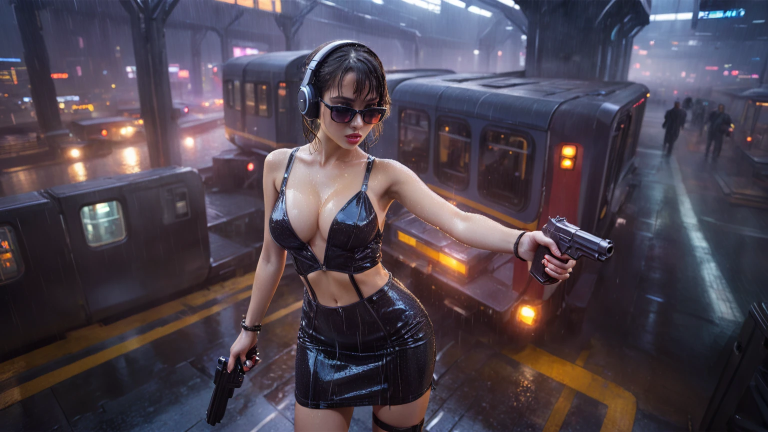 (((aerial view))), Blade Runner style futuristic railway platform, hi-tech train, neon lights, rainy night. (1girl, solo, alone), large-breast:1.2 slim body, cleavage:1.1, sexy wind blowing wet dress:1.4, headphone, (black sunglasses), (((she raised a pistol:1.8 and shot:1.8 the viewer))), dynamic pose, (((half-body thigh level medium shot))), cinematic lighting, lens flare, ray tracing, blurred:1.4 background.