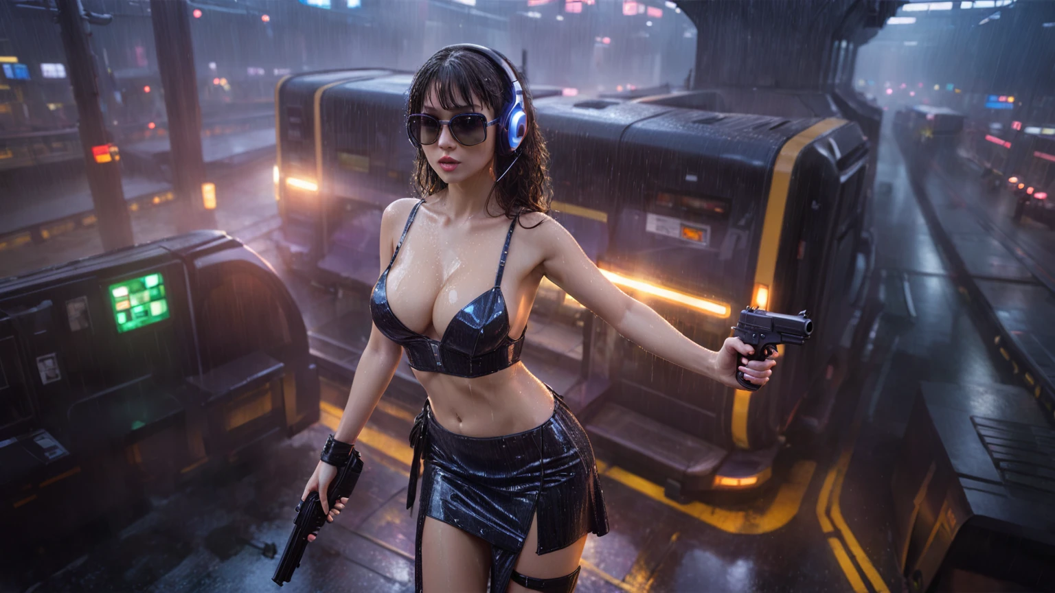 (((aerial view))), Blade Runner style futuristic railway platform, hi-tech train, neon lights, rainy night. (1girl, solo, alone), large-breast:1.2 slim body, cleavage:1.1, sexy wind blowing wet dress:1.4, headphone, (black sunglasses), (((she raised a pistol:1.8 and shot:1.8 the viewer))), dynamic pose, (((half-body thigh level medium shot))), cinematic lighting, lens flare, ray tracing, blurred:1.4 background.