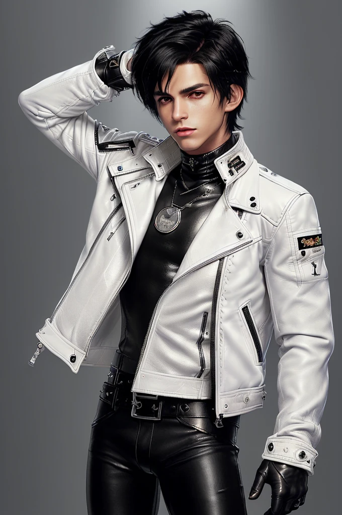 Final fantasy taste and reality graphics, ((Japanese young cute and cool ikemen  boy)), his age is early 20s, thin eyebrows and beady eyes,  ((he wearing off white color leather  thick and heavy material jacket)), ((jacket is singlebrest)), ((biker style jacket)), ((jacket is large size)),((with epaulet)), ((jacket is long sleeve)), ((zipped front of the leather jacket)), , ((voluminous leather jacket)), ,((must jacket is high length and stand-up collar)) ((jacket collar with two belts)), ((jacket is a little black color line pattern)), ((also wearing black thick material turtleneck lackluster shirts)),  ((tight black leather pants)),  ((put black leather tight and thin glove on both hands)), ((black leather knee-high raceup boots)),((must views  head-to-toe)),((must views whole body)), ,((Do not show skin from the neck down)),leather jacket leather glove and leather pants have few wrinkles, Avoid showing your innerwear,zip up jacket fastner.must put on a leather glove.
Boy is black hair.boy looks like fashion model.
