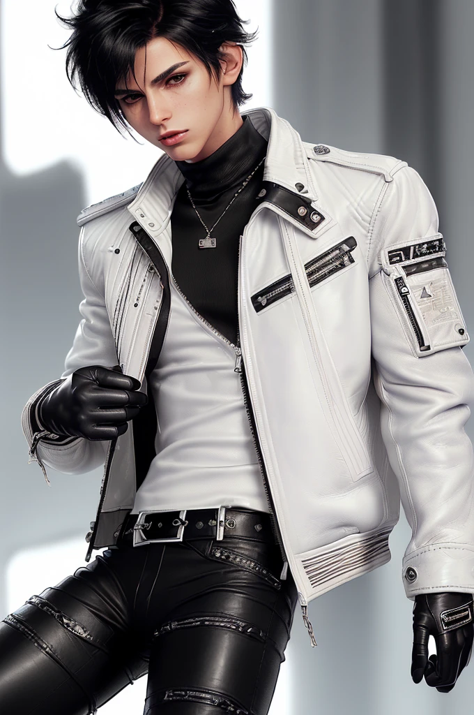 Final fantasy taste and reality graphics, ((Japanese young cute and cool ikemen boy)), his age is early 20s, thin eyebrows and beady eyes, ((he wearing off white color leather thick and heavy material jacket)), ((jacket is singlebrest)), ((biker style jacket)), ((jacket is large size)),((with epaulet)), ((jacket is long sleeve)), ((zipped front of the leather jacket)), , ((voluminous leather jacket)), ,((must jacket is high length and stand-up collar)) ((jacket collar with two belts)), ((jacket is a little black color line pattern)), ((also wearing black thick material turtleneck lackluster shirts)), ((tight black leather pants)), ((put black leather tight and thin glove on both hands)), ((black leather knee-high raceup boots)),((must views head-to-toe)),((must views whole body)), ,((Do not show skin from the neck down)),leather jacket leather glove and leather pants have few wrinkles, Avoid showing your innerwear,zip up jacket fastner.must put on a leather glove.
Boy is black hair.boy looks like fashion model.