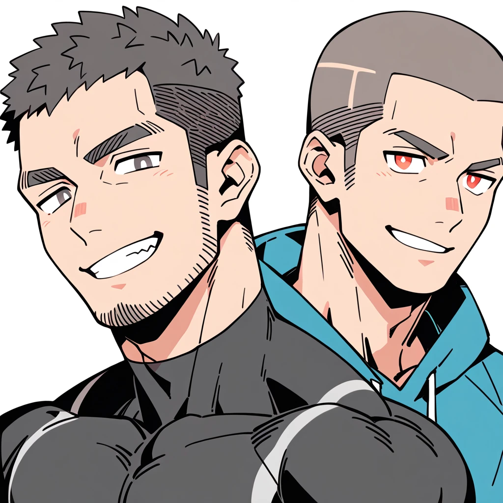 anime characters:Priapus, Muscle Sports Student, Buzz Cut, Manliness, male focus, Sports tight hooded sweatshirt, Wear a high-necked tights underneath, Very tight, full and perky chest muscles, muscular male, muscular, only, Upper body, alone, Red short hair, Thick eyebrows, stubble, Brown-red pupils, White background, simple background, amazing quality, best aesthetics, Ridiculous, crew cut, smirk, bright pupils, grin, negative space, negative space, best quality