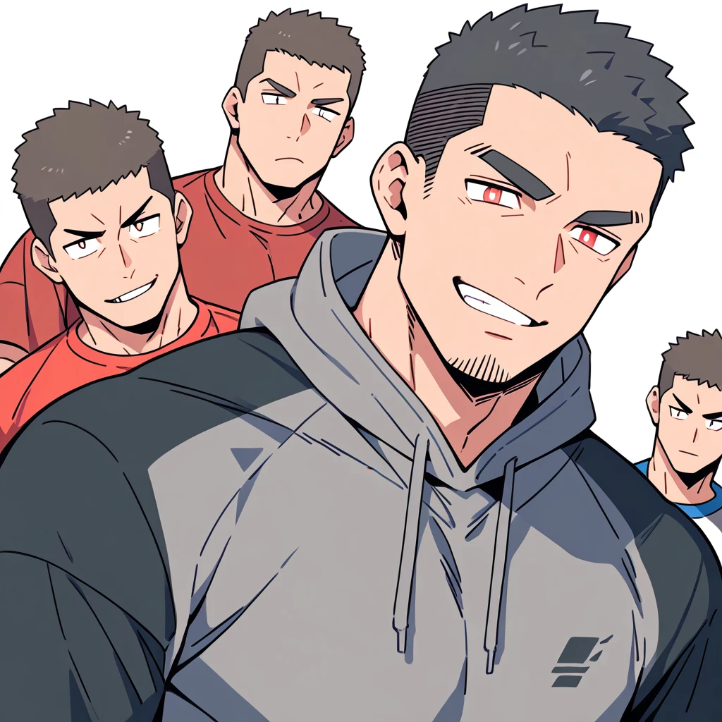 anime characters:Priapus, Muscle Sports Student, Buzz Cut, Manliness, male focus, Sports tight hooded sweatshirt, Wear a high-necked tights underneath, Very tight, full and perky chest muscles, muscular male, muscular, only, Upper body, alone, Red short hair, Thick eyebrows, stubble, Brown-red pupils, White background, simple background, amazing quality, best aesthetics, Ridiculous, crew cut, smirk, bright pupils, grin, negative space, negative space, best quality