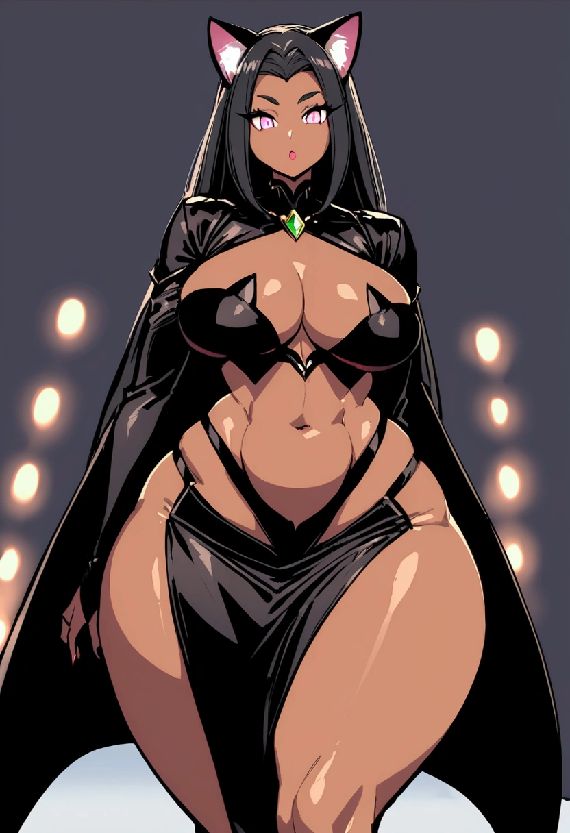 Extremely curvy black woman, with a flat muscular stomach cosplay fashion model dressed as cat-woman walking down the runway, flat stomach and extra wide hips