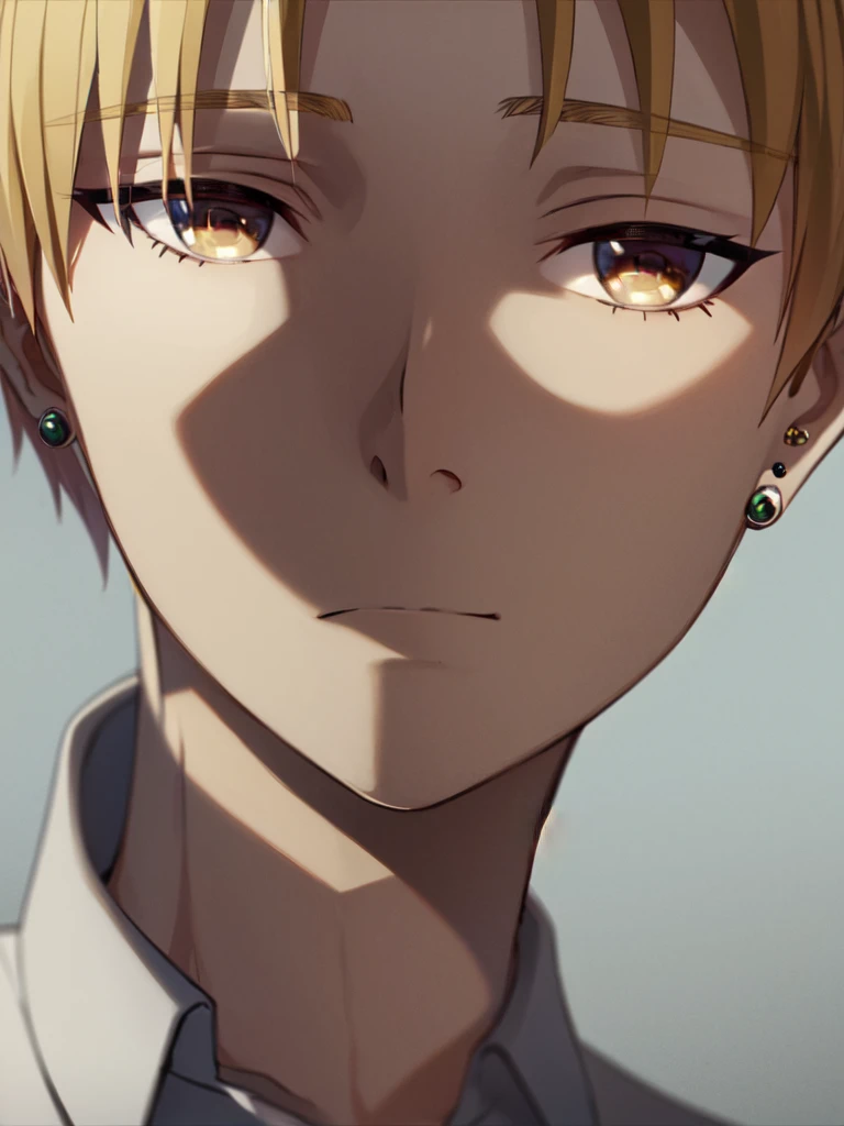Masterpiece, best quality, 1boy, upper body, necktie, ((black ear piercing)), closed mouth, simple backround, blonde hair, short hair, brown eyes, looking at viewer, face, earrings