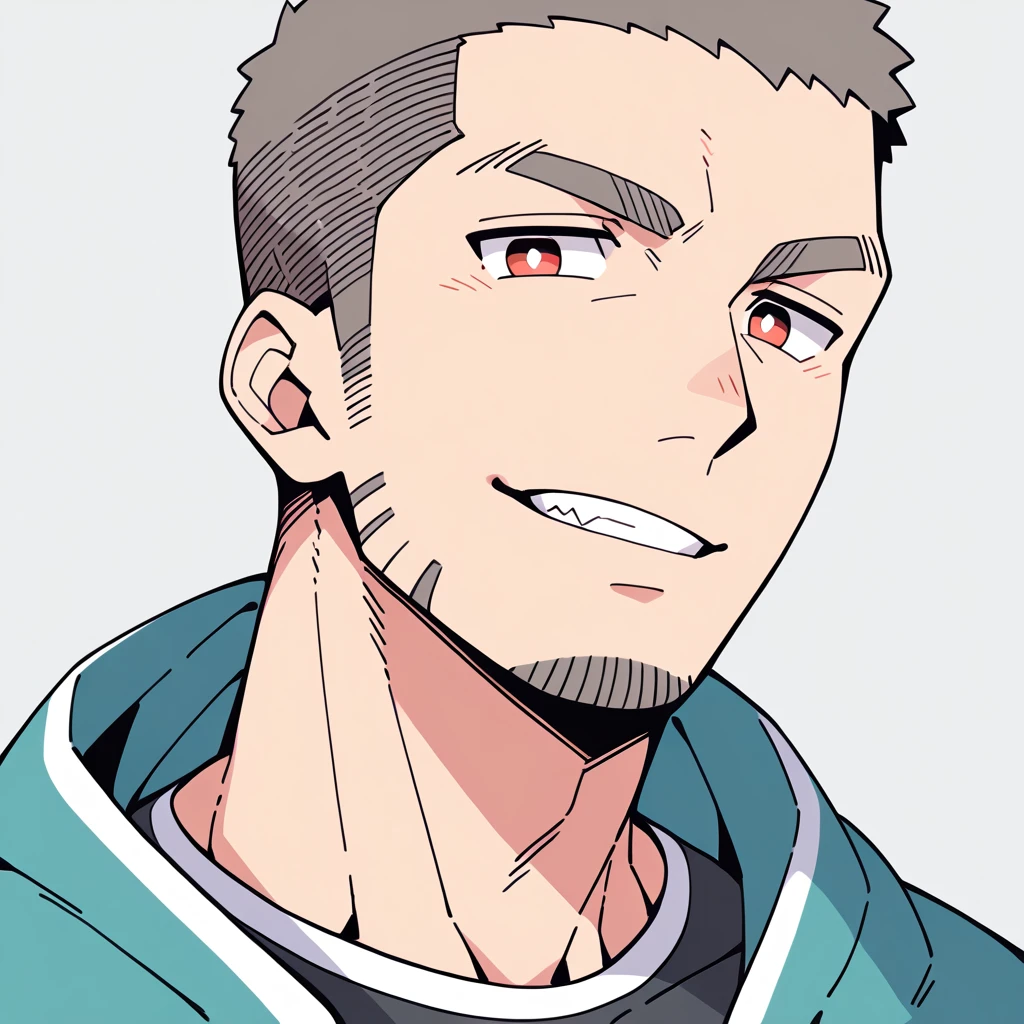 anime characters:Priapus, Muscle Sports Student, Buzz Cut, Manliness, male focus, Sports tight hooded sweatshirt, Wear a high-necked tights underneath, Very tight, full and perky chest muscles, muscular male, muscular, only, Upper body, alone, Red short hair, Thick eyebrows, stubble, Brown-red pupils, White background, simple background, amazing quality, best aesthetics, Ridiculous, crew cut, smirk, bright pupils, grin, negative space, negative space, best quality