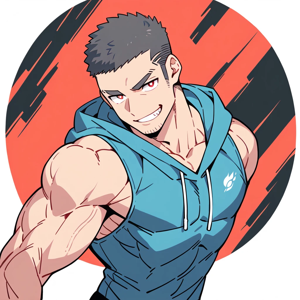 anime characters:Priapus, Muscle Sports Student, Buzz Cut, Manliness, male focus, Sports tight hooded sweatshirt, Wear a high-necked tights underneath, Very tight, full and perky chest muscles, muscular male, muscular, only, Upper body, alone, Red short hair, Thick eyebrows, stubble, Brown-red pupils, White background, simple background, amazing quality, best aesthetics, Ridiculous, crew cut, smirk, bright pupils, grin, negative space, negative space, best quality