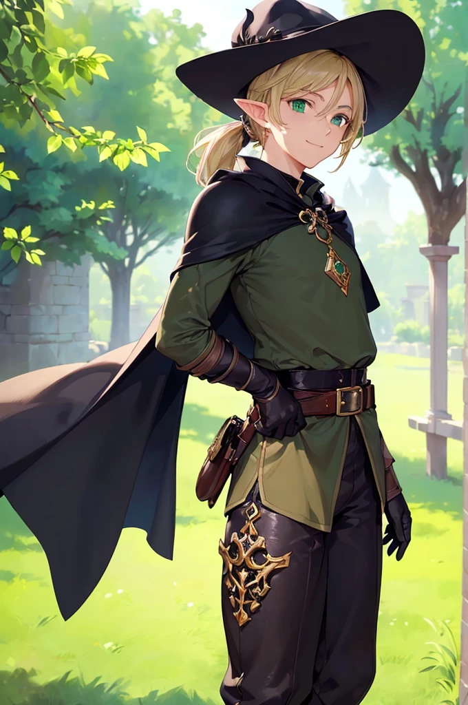 (((masterpiece; best quality: 1.2))), (finely detailed eyes: 1.3), (25 year old elf man), (solo), (green eyes: 1.4), (body; toned, fit, masculine: 1.3), (silky blonde hair in low ponytail: 1.3), (beautiful and clear background: 1.2), ((depth of field)), (equipment: adventurer garb + modest + elegant wide-brim hat + dark tunic + dark long cape + black pants + gloves + belt + pouches: 1.3), (anime illustration: 1.2), (background composition; royal garden: 1.1), (extremely fine and handsome: 1.1), (shot composition; standing + centered on torso + close-up: 1.5), (expression; calm, smile: 1.2)