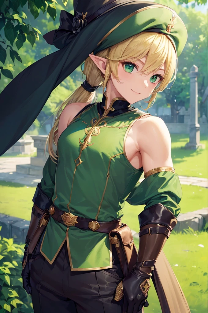 (((masterpiece; best quality: 1.2))), (finely detailed eyes: 1.3), (25 year old elf man), (solo), (green eyes: 1.4), (body; toned, fit, masculine: 1.3), (silky blonde hair in low ponytail: 1.3), (beautiful and clear background: 1.2), ((depth of field)), (equipment: adventurer garb + modest + elegant wide-brim hat + dark tunic + dark long cape + black pants + gloves + belt + pouches: 1.3), (anime illustration: 1.2), (background composition; royal garden: 1.1), (extremely fine and handsome: 1.1), (shot composition; standing + centered on torso + close-up: 1.5), (expression; calm, smile: 1.2)