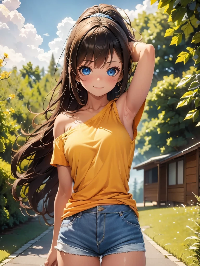 1girl, solo, beautiful girl, brunette skin, blue eyes, detailed anime style, perfect anatomy, perfect hands, narrow waist, medium breasts, long hair, brown hair, high ponytail, asymmetrical bangs, blue eyes, detailed eyes, blush, emerald earrings, orange shirt, shirt lift, denim shorts, bare arms, bare shoulders, smile, standing, perfect hands, arm up, woods, cabin, sunset, orange sky, clouds, outdoors, underboob, ice cream, holding ice cream, high quality, high resolution, from behind, ass,