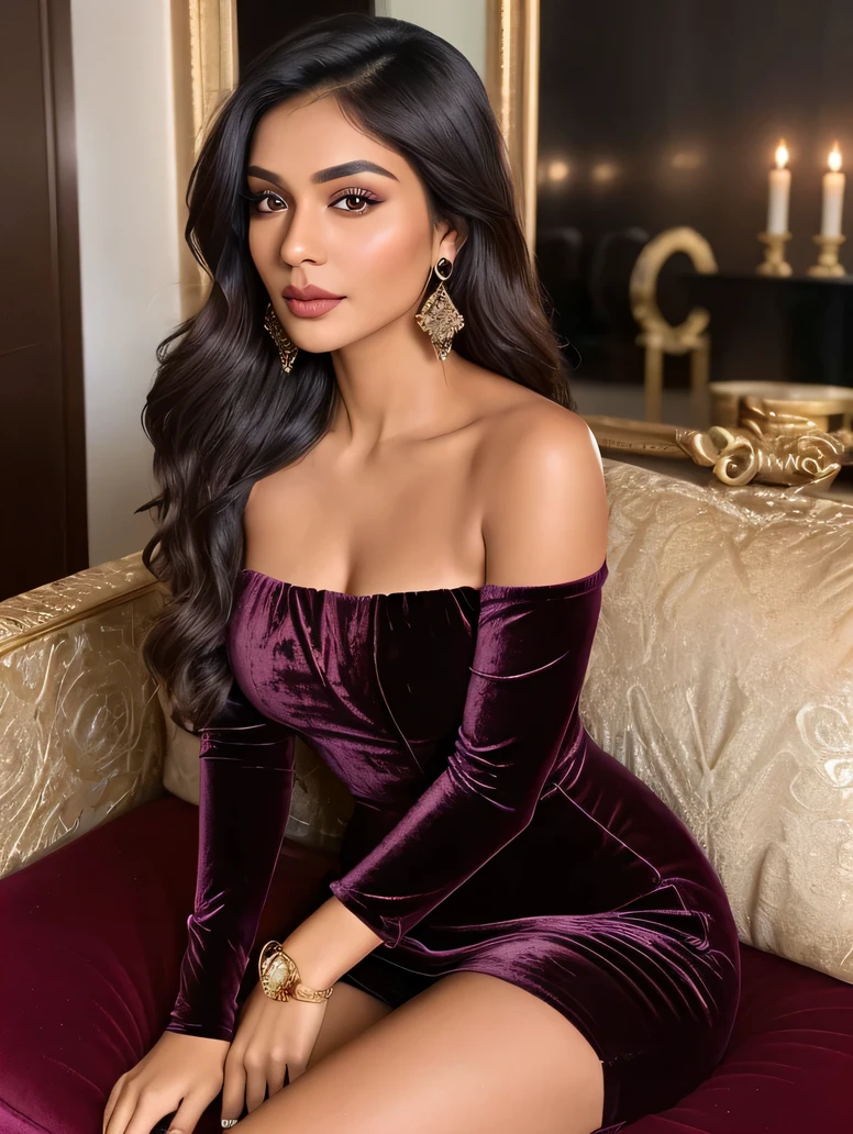 Create an ultra-realistic image of a modern, attractive female influencer of Indian descent, aged between 27 to 30. She should have a warm and inviting smile, expressive almond-shaped eyes with a slight shimmer, and clear, glowing skin with a medium brown complexion. Her features should be well-defined, with high cheekbones and a sharp jawline. Her hair should be long, thick, and wavy, with a natural shine and bounce, styled in loose waves and colored a deep, reddish-purple hue that’s bold yet sophisticated. She should have a slender yet athletic build, reflecting a healthy and active lifestyle, with a medium bust size (44-46 inches) that is balanced and proportionate.
She is wearing a luxurious plum strapless knee-length velvet one-piece suit. The rich velvet fabric and deep plum color create a sophisticated and elegant appearance, highlighting her toned figure. Her outfit is completed with stylish black heeled sandals that add elegance to her look. She accessorizes with subtle yet chic jewelry, such as small hoop earrings and a few thin bangles.
The background should be an opulent theater with red velvet seats and golden accents, suggesting a sophisticated and luxurious lifestyle. Her overall appearance should exude confidence, approachability, and sophistication, capturing the essence of a contemporary Indian fashion influencer with bigger .