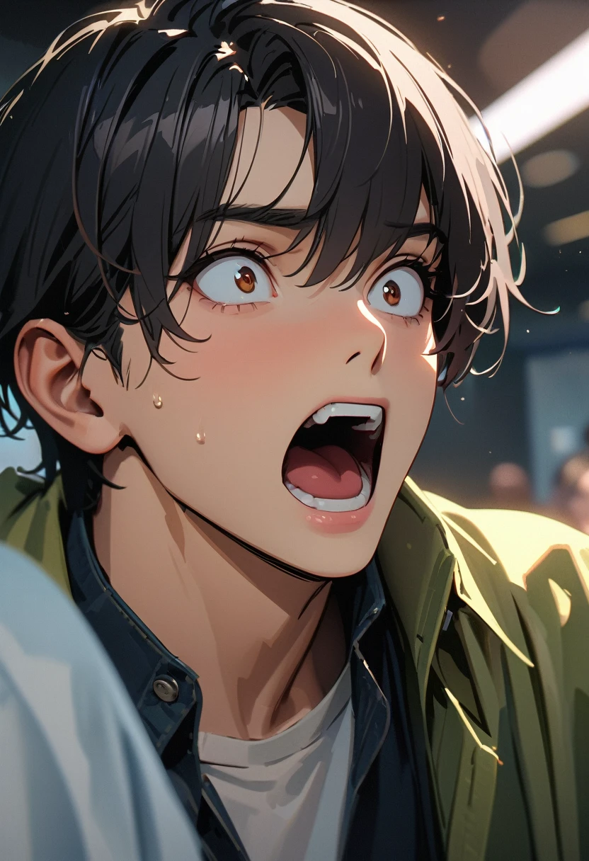 modern, Verism, masterpiece, super detail, best quality, 4K ,A handsome man, black hair, short hair, He has his mouth wide open, showing a very surprised expression.