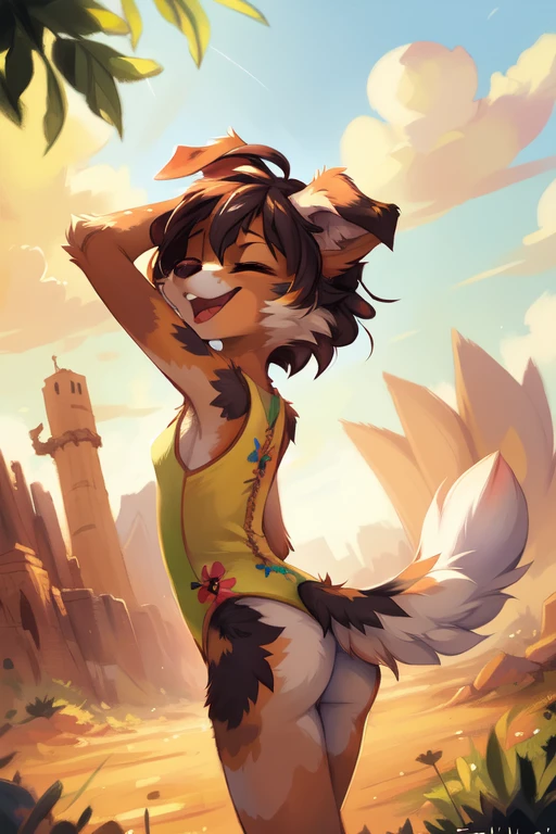 High quality, 8K, by kenket, by swaybat, by reysi, by Zackary911, by hyattlen, by teranen, by fumiko, by Pixelsketcher, by Bayard Wu, by Einshelm, by Kilinah, by Hioshiru, by fluff-kevlar, by Dimwitdog, Furry, Anthro, solo, ((australian shepard)), ((female)), (), ((young)), ((fluffy tail)), floppy ears, ears down, short white hair, breasts, short, chest fluff, ribs, one piece swimsuit, embroidery, butt, rear, back, playful, happy, laughing, dynamic pose, eyes closed, erotic, desert
