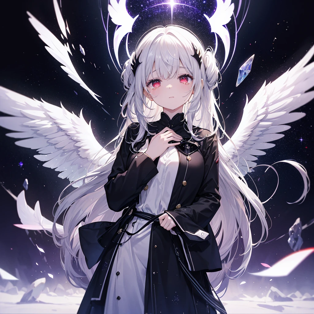 (((((Archangel、Place your hand on your chest、Face it、Close-up Galaxy Background、Shine tears、Reflection of light))))) ((((Pitch black ring Fantasy Long Hair、Black and white、Swaying in the Wind Dull red eyes Show your side Wings bigger than me、Covering the body)))) (((Lonely、despair shout))) ((gloves)) (Distorted Space-Time Big full moon) Shine背景 Particles of light, Shineエッジ