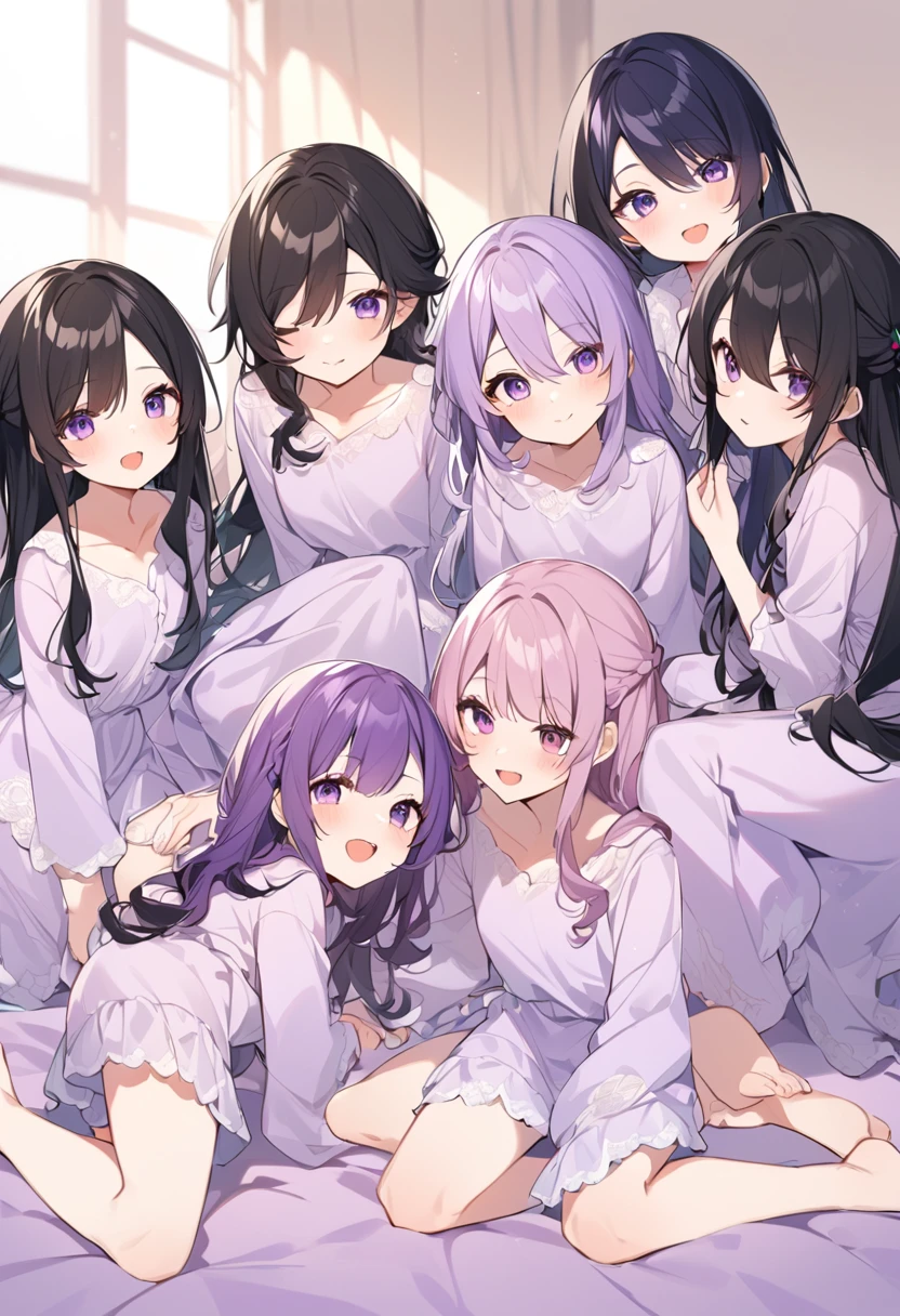 Keito。Purple pajamas Purple eyes。Black Hair。barefoot。six sisters。They both have lavender hair。all female。Sextuplets。Purple bed