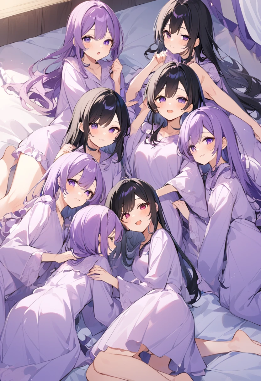 Keito。Purple pajamas Purple eyes。Black Hair。barefoot。six sisters。They both have lavender hair。all female。Sextuplets。Purple bed