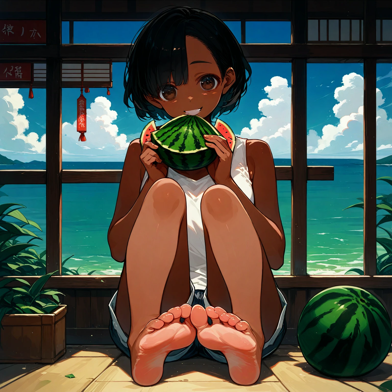 score_9, score_8_up, score_7_up, source_アニメ, high res image, masterpiece, best quality, 1 girl, Brown skin, shiny hair, ultra detailed eyes, eye highlights, short hair, black hair, brown eyes, white tank top, short shorts, smile,foot focus、 (eating watermelon:1.1), holding watermelon with both hands, verandah, japanese home, sitting, CETUS,ocean in the distance、evening