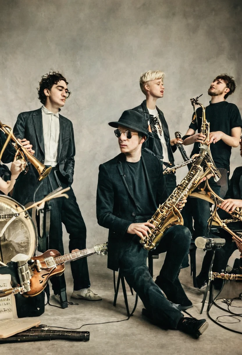 (work of art), (best qualityer), (detailded),photo of a mixed group of musicians of 12 members on a stage