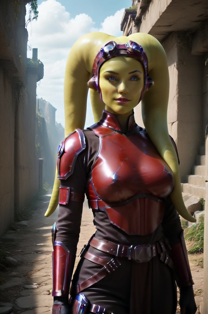 a ((fall body)) (((hera syndulla))) ((green skin )) ((female twi'lek ))mandalorian,walking on snow coverd ruins , ((green fire eyes )) , beautiful detailed eyes, beautiful detailed lips, extremely detailed face, long eyelashes, mandalorian armor, sci-fi, cinematic lighting, dramatic, epic, intricate details, hyper-realistic, 8k, high-quality, photorealistic