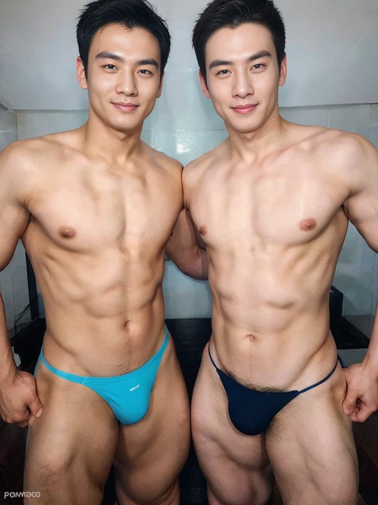 two korean men, Gay couple , smirking smile, unsmooth skin, muscular chest, pmicro string thong, bulge grande , fully body,