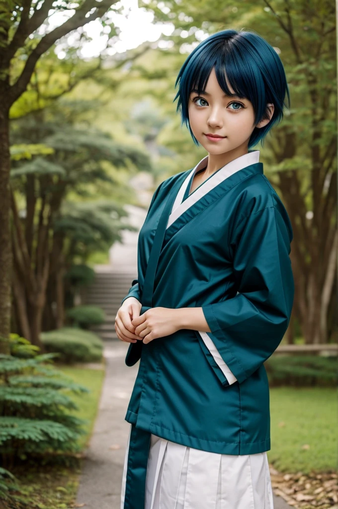 Anime girl with short messy blue hair and magical green eyes, with japanese uniform